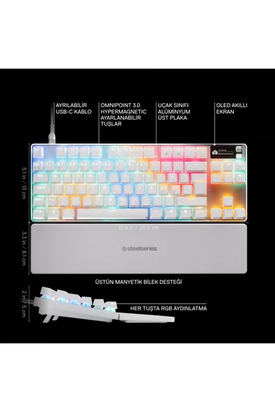 (OUTLET) SteelSeries Apex Pro TKL Gen3 OmniPoint 3.0 HiperManyetik Switch RGB Mekanik Kablolu Oyuncu Klavyesi (UK)- Beyaz - Resim 3