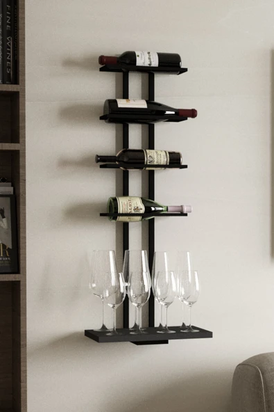 AJU Şaraplık Ve Kadeh Rafı Duvara Monte Şarap Mahzeni Modern Duvar Alkol Rafı – Metal Ve Ahşap Tasarım - 5