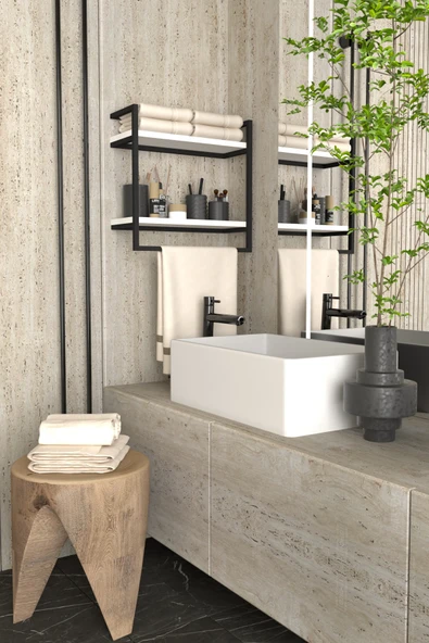 AJU Havluluk 2 Katlı Duvara Monte Raf Aksesuarlık Şal Askılığı Banyo Mutfak Düzenleyici Çok Amaçlı Raf - 3