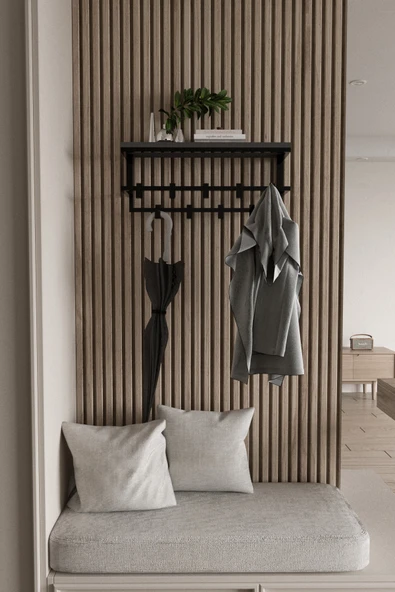 AJU Raflı Metal Duvar Askılığı – Modern Ceket, Mont, Havlu ve Şemsiye Askısı - 4