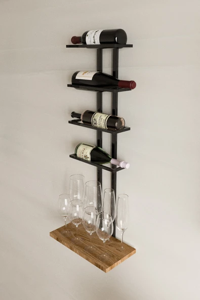 AJU Şaraplık Ve Kadeh Rafı Duvara Monte Şarap Mahzeni Modern Duvar Alkol Rafı – Metal Ve Ahşap Tasarım