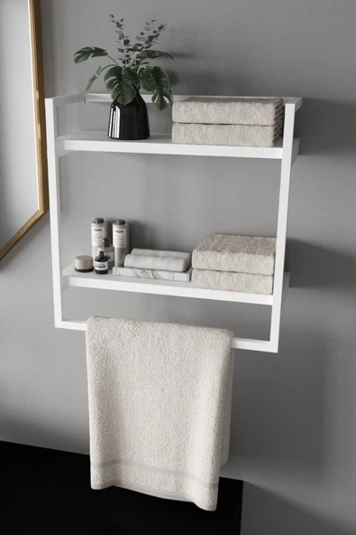 AJU Havluluk 2 Katlı Duvara Monte Raf Aksesuarlık Şal Askılığı Banyo Mutfak Düzenleyici Çok Amaçlı Raf - 2