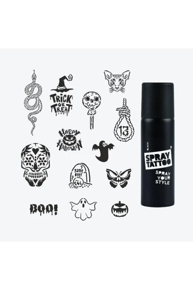One Spray Tattoo Halloween Dövme Şablon Seti ve Siyah Sprey ürün görseli 1