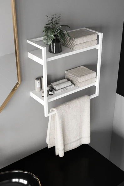 AJU Havluluk 2 Katlı Duvara Monte Raf Aksesuarlık Şal Askılığı Banyo Mutfak Düzenleyici Çok Amaçlı Raf - 5