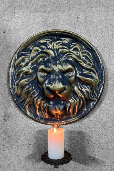 AJU Metal Aslan Figürlü Dekoratif Duvar Şamdan Mumluk - Siyah ve Gold Eskitme Tasarım, Şık ve Asil Dekor - 2