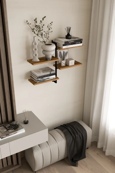 AJU 4 Katlı Duvar Rafı Metal Çerçeveli Dekoratif Kitaplık ve Raf Ünitesi Modern ve Minimalist Tasarım - 3