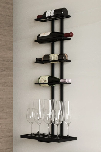 AJU Şaraplık ve Kadeh Rafı Duvara Monte Şarap Mahseni Modern Duvar Alkol Rafı – Metal ve Ahşap Tasarım - 6