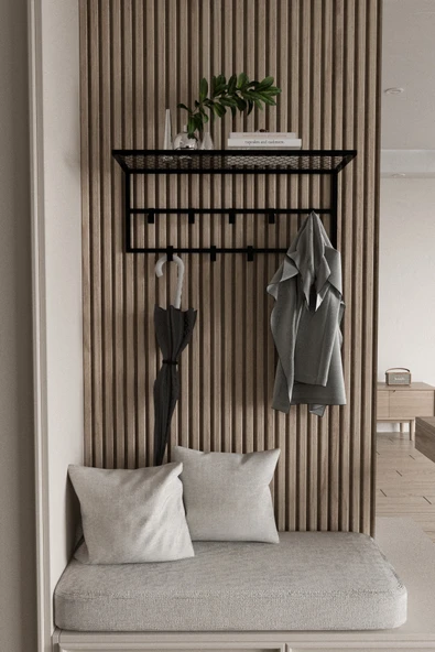 AJU Dekoratif Portmanto Metal Duvar Askılığı ve Raf Portmanto Modern Giysi Mont Elbise Askılığı - 2