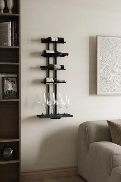 AJU Şaraplık Ve Kadeh Rafı Duvara Monte Şarap Mahzeni Modern Duvar Alkol Rafı – Metal Ve Ahşap Tasarım - 3