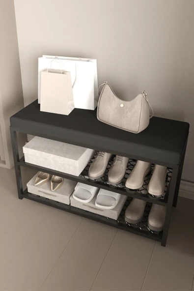 AJU Ayakkabılık Puflu Süngerli Oturaklı Metal Ayakkabı Rafı Modern Vestiyer Baklavalı Metal Tasarım - 3