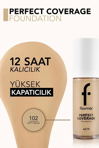 Flormar Perfect Coverage Yüksek Pigmentli & Yarı Parlak Bitişli SPF15 Fondöten 102 SFT BEIGE - Resim 4