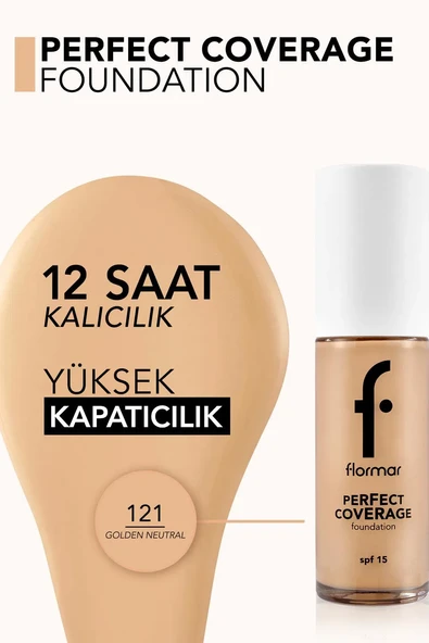 Flormar Perfect Coverage Yüksek Pigmentli & Yarı Parlak Bitişli SPF15 Fondöten 121 GOLDN NTRL - Resim 4