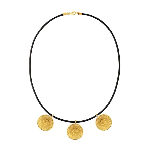 AgaKulche 22 Ayar 3 Tam Altın Siyah İpli Kolye - Resim 6