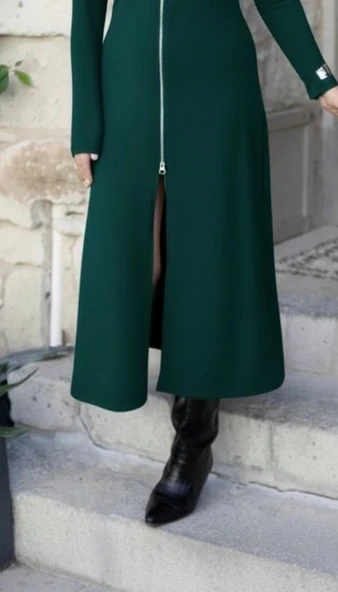 MDB Kadın Uzun Kollu önden Fermuarlı Ithal Krep Elbise - Resim 4