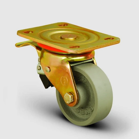 ED01VKV100F Döner Tablalı Frenli Döküm Tekerlek Çap:100 Ağır Sanayi Tekerleği 350 Kg Sarı Maşa Oynak Tabla Bağlantılı Burçlu ürün görseli