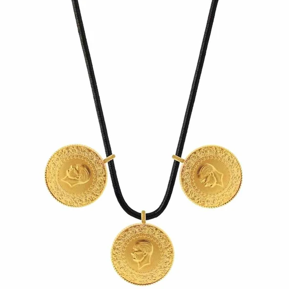 AgaKulche 22 Ayar 3 Tam Altın Siyah İpli Kolye - Resim 4