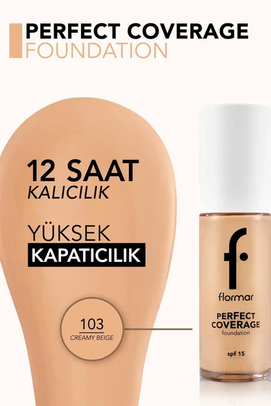 Flomar Perfect Coverage Yüksek Pigmentli & Yarı Parlak Bitişli SPF15 Fondöten 103 CREMY BEIGE - Resim 4