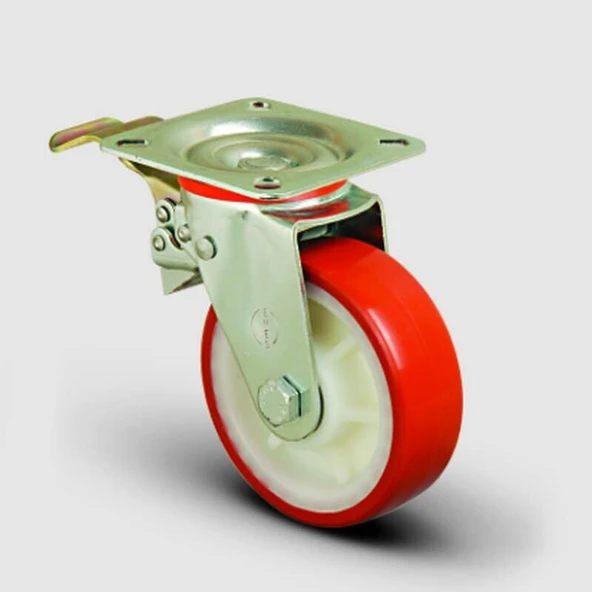 EK01ZKP150F Yanmaz Tip Döner Tablalı Frenli Poliüretan Kaplı Tekerlek Çap:150 210 Kg taşır ürün görseli