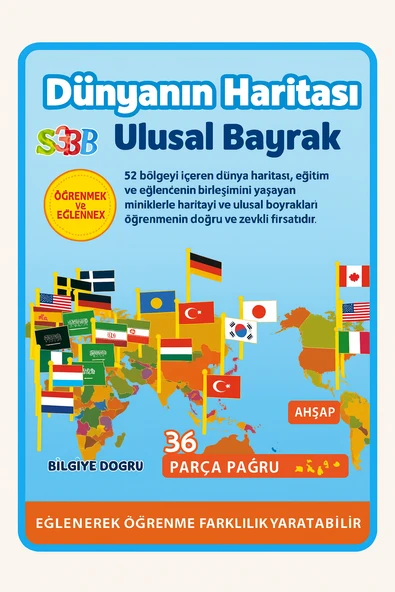 MYBLACK Eğitici Oyun Ahşap Dünya Haritası 36 Ulusal Bayrak Dünya Haritası - 5