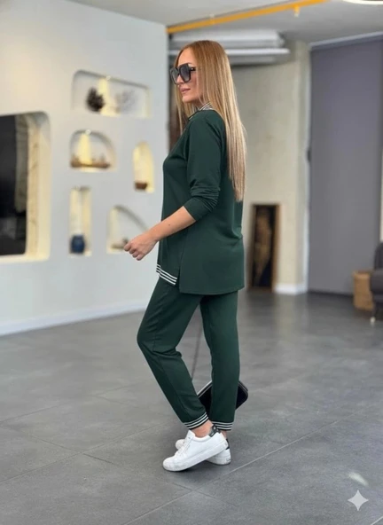 MDB Kadın Uzun Kollu Fermuarlı şerit Detay Desenli Alt üst Ikili Viskon Iki Iplik Takım - Resim 3