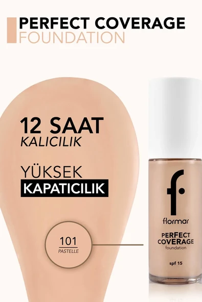 Flormar Perfect Coverage Yüksek Pigmentli & Yarı Parlak Bitişli SPF15 Fondöten 101 PASTELLE - Resim 4