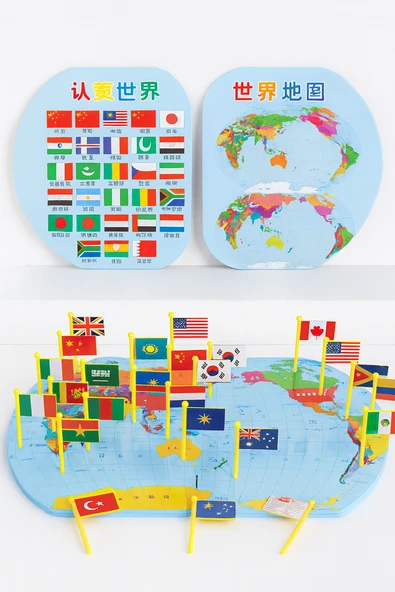 MYBLACK Eğitici Oyun Ahşap Dünya Haritası 36 Ulusal Bayrak Dünya Haritası