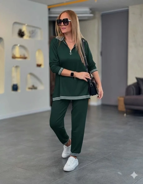 MDB Kadın Uzun Kollu Fermuarlı şerit Detay Desenli Alt üst Ikili Viskon Iki Iplik Takım - Resim 2