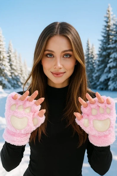 Mars Baby Kadın Kız Parmaksız Patili Pembe Peluş Eldiven