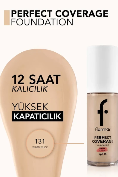 Flormar Perfect Coverage Yüksek Pigmentli & Yarı Parlak Bitişli SPF15 Fondöten 131 WARM NUDE - Resim 4