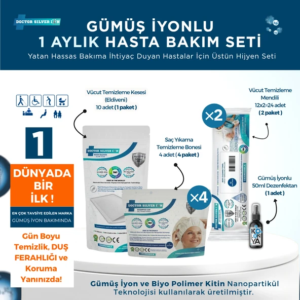 Gümüş İyonlu 1 Aylık Hasta Bakım Seti , (Vücut Kesesi, 2x Mendil, 4x Saç Bonesi, 50 ml Dezenfektan) ürün görseli