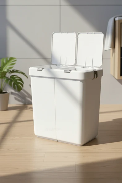 İkili Dokunmatik Çamaşır Sepeti Beyaz-Gri Tuş Temizlik Kovası Kirli Sepeti 80 L - 2