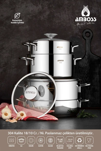 Amboss Cool 8 Parça Paslanmaz Çelik Tencere Seti, Cam Kapaklı Indüksiyon Tabanlı Tencere Seti