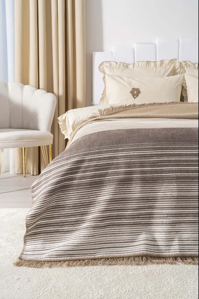 Veloura Bej Çift Kişilik Püsküllü Battaniye - Resim 2