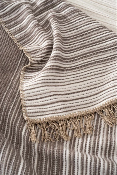 Veloura Bej Çift Kişilik Püsküllü Battaniye - Resim 6