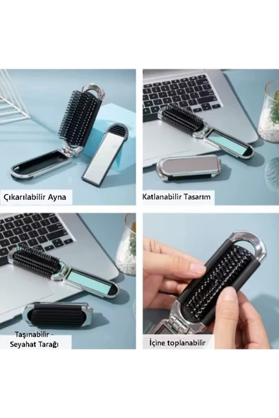 Mucit Home Katlanabilir Mini Aynalı Saç Fırçası Katlanır Tarak Baş Masajı Taşınabilir Seyahat Saç Fırçası - Resim 3