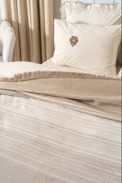 Veloura Bej Çift Kişilik Püsküllü Battaniye - Resim 4