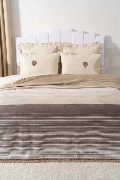 Veloura Bej Çift Kişilik Püsküllü Battaniye - Resim 3