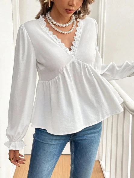 MDB Kadın Uzun Kollu V Dantel Yaka Aerobin Bluz - Resim 4