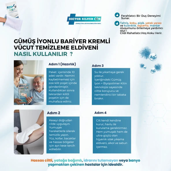 Gümüş İyonlu 2'li Hasta Hijyen Saç Yıkama Bonesi ve Vücut Temizleme Kesesi Temizlik Seti - Resim 7