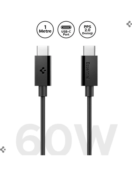 Spigen USB-C to USB-C 1 Metre Kablo 60W Güç / PPS 2.0 Super Hızlı Şarj / 480 Mbps Data Aktarım Hızı Type-C Ekstra Dayanıklı Black ürün görseli