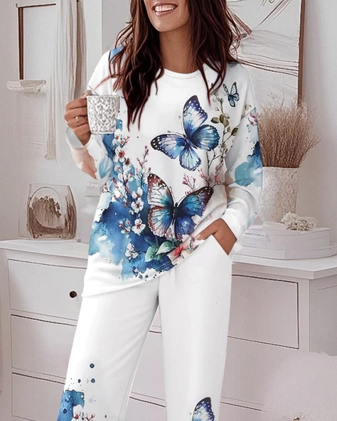 MDB Kadın Uzun Kollu Bisiklet Yaka Kelebek Desenli Iki Iplik Alt üst Takım - Resim 2