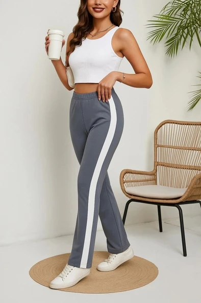 MDB Kadın Yüksek Bel Yan şerit Detaylı Yırtmaçlı Viskon Iki Iplik Pantolon ürün görseli 1