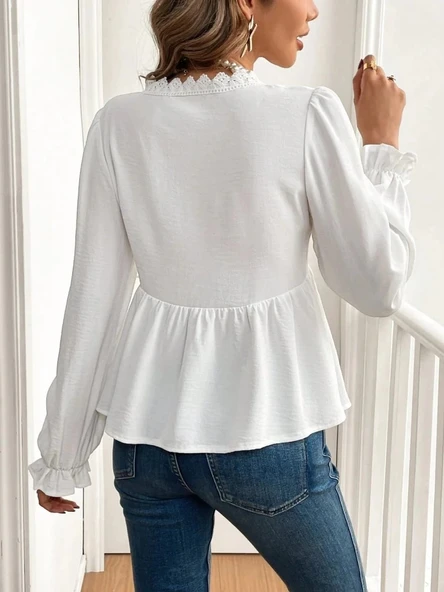 MDB Kadın Uzun Kollu V Dantel Yaka Aerobin Bluz - Resim 5