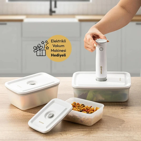 Emsan Freshlock Vakum Makineli 3'lü Saklama Kabı Beyaz ürün görseli 1