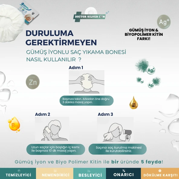 Gümüş İyonlu 2'li Hasta Hijyen Saç Yıkama Bonesi ve Vücut Temizleme Kesesi Temizlik Seti - Resim 9