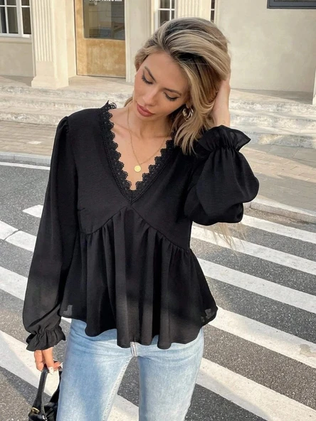 MDB Kadın Uzun Kollu V Dantel Yaka Aerobin Bluz - Resim 3