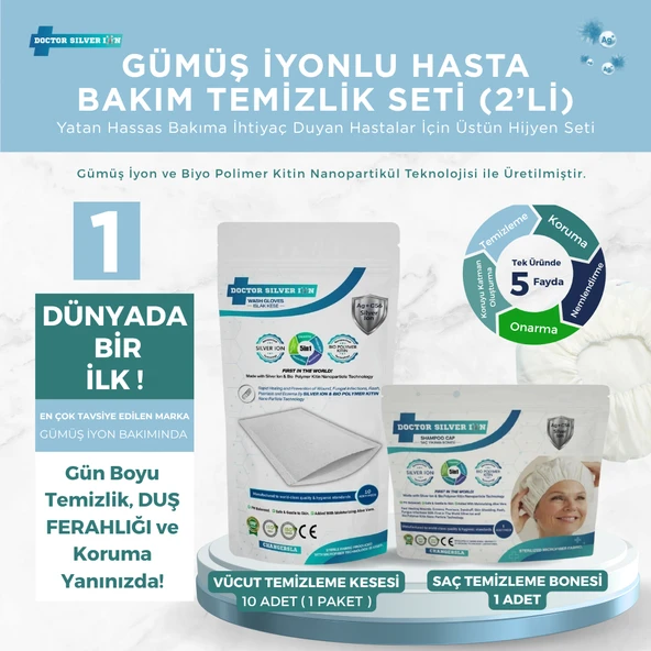 Gümüş İyonlu 2'li Hasta Hijyen Saç Yıkama Bonesi ve Vücut Temizleme Kesesi Temizlik Seti ürün görseli