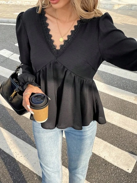 MDB Kadın Uzun Kollu V Dantel Yaka Aerobin Bluz - Resim 2