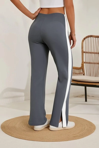 MDB Kadın Yüksek Bel Yan şerit Detaylı Yırtmaçlı Viskon Iki Iplik Pantolon - Resim 3