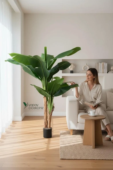 145 Cm 13 Dallı Islak Görünüm Yoğun İri Yapraklı Yapay Muz Ağacı - Resim 7